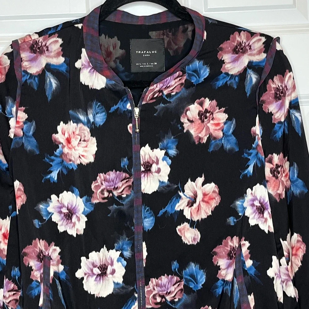 Zara‎ Trafaluc Floral Bomber Jacket Black Pink Blue Plaid Trim Large Women